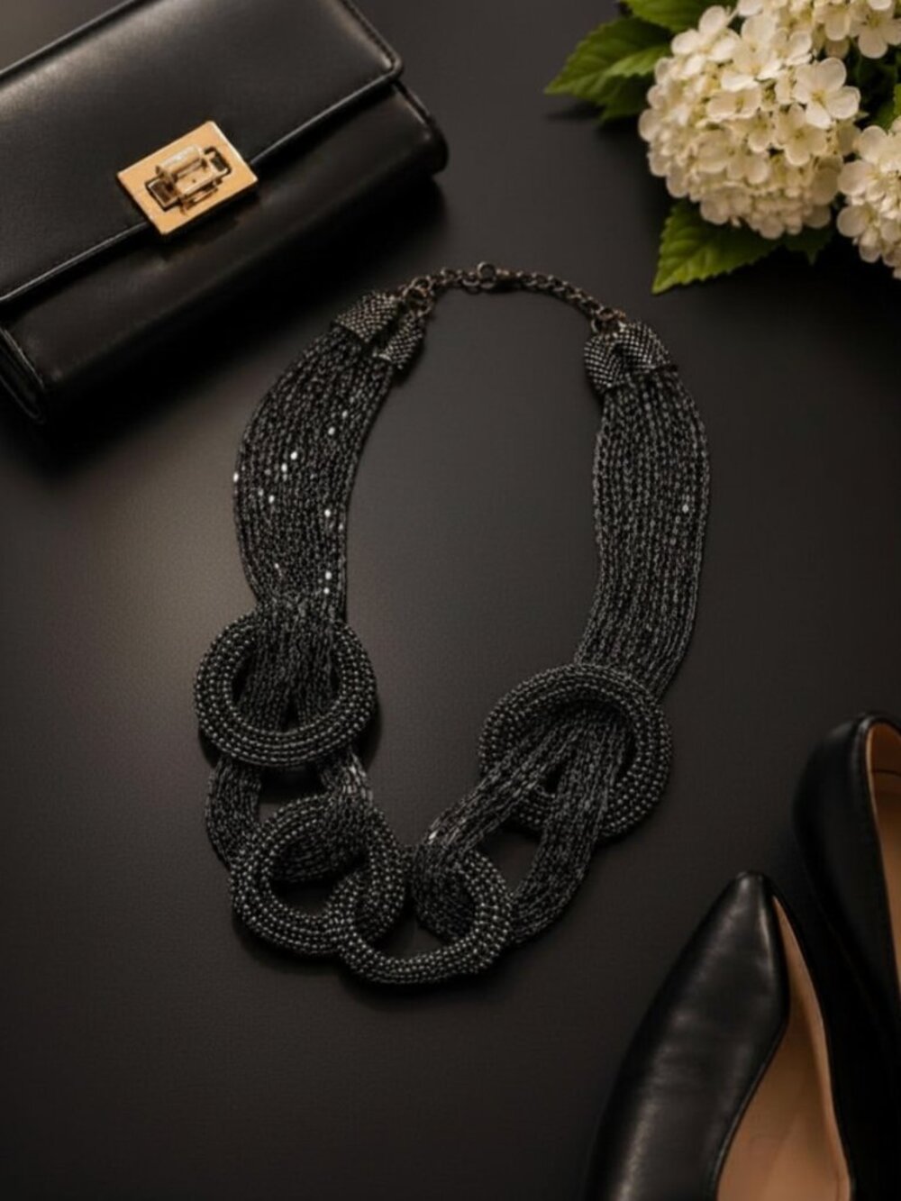 Statement Gunmetal Multi-Strand Beaded Necklace Chunky Link Detail